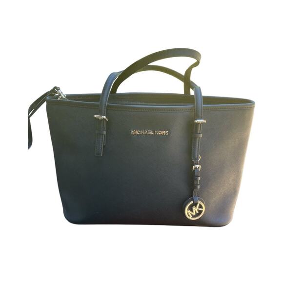 Michael Kors Handbags - Michael Kors Jet Set Travel Medium Saffiano Leather Top‑Zip Tote – Black/Gold,